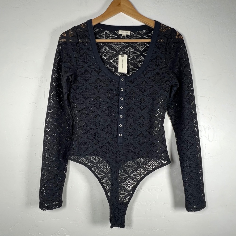 Pilcro Anthropologie Black Lace Henley Bodysuit Long Sleeve Scoop Neck Small NEW